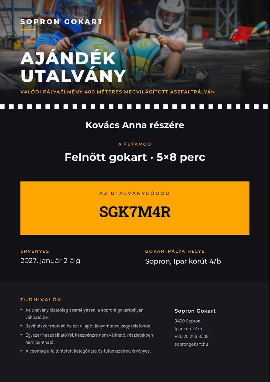 Kitöltött gokart ajándékutalvány minta